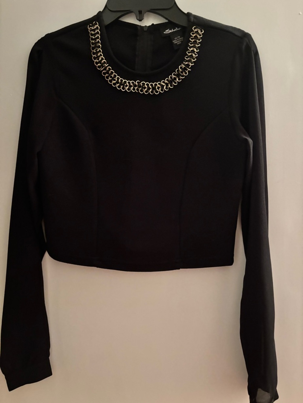 Black Long-Sleeve Crop Top with Gold Chain Neckline